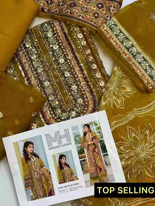 4PC MEHNDI BRANDED FANCY SUIT FULLY EMBROIDERED WORK